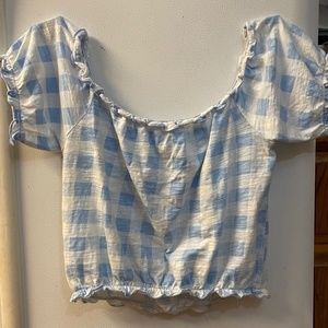 Blue Cropped Ginham Top Ruffled